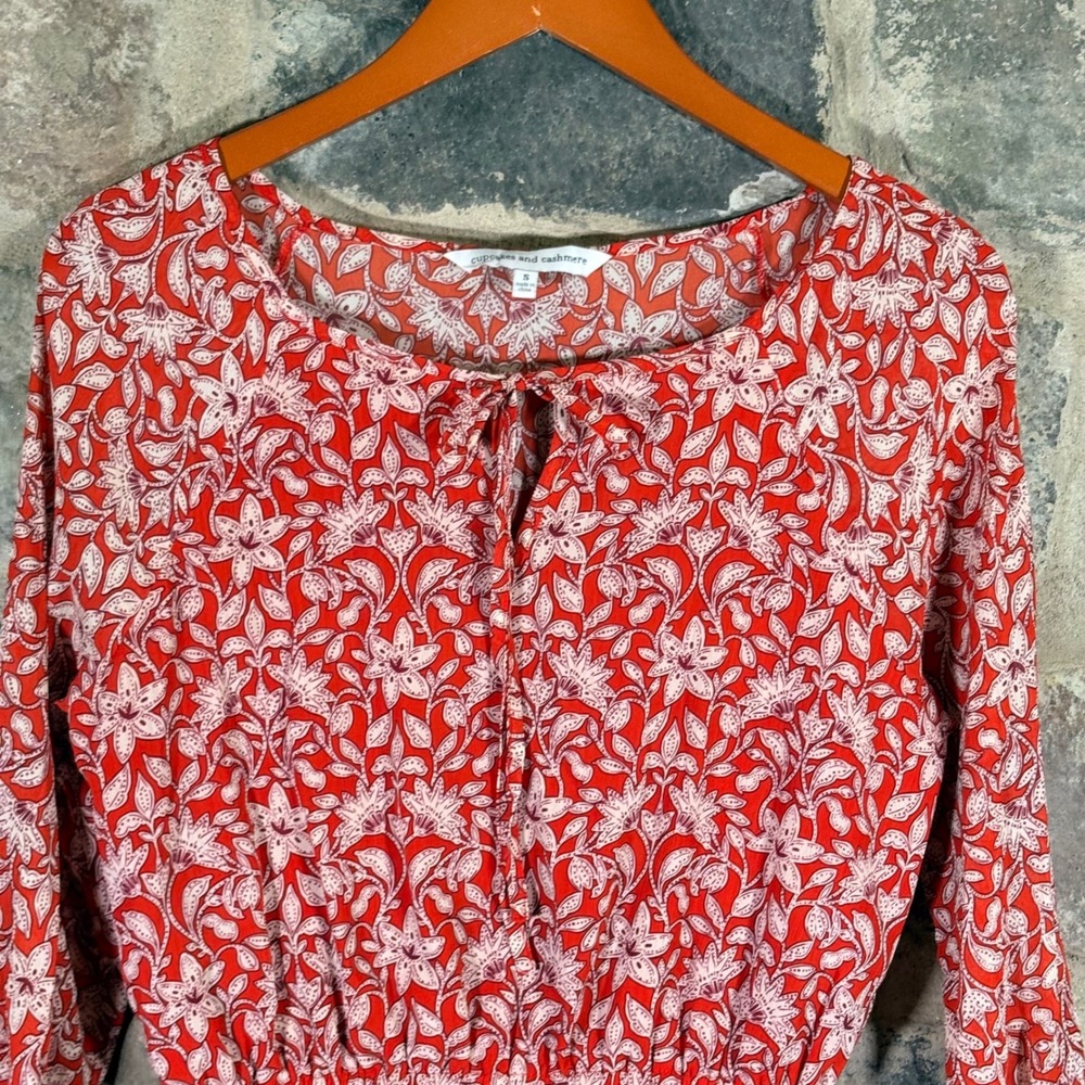 Cupcakes & Cashmere Red Floral Mini Dress Keyhole Tie Women's Small Cottagecore‎ - Picture 2 of 9